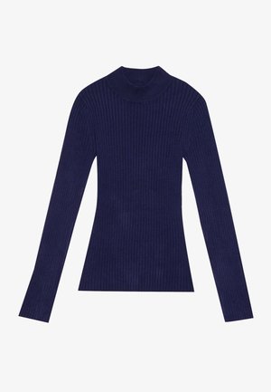 Marineblauer Ripp-Turtleneck-Pullover mit langen Ärmeln. Besitzt ein figurnahes Design und eine weiche Textur. Hergestellt aus elastischem Material.