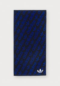 Navy towel featuring a repeated blue "adidas" logo pattern and a white trefoil logo accent at the bottom right corner. Soft texture.