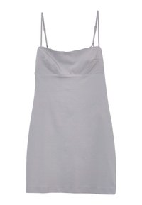 Abito grigio con spalline sottili, taglio dritto, tessuto morbido, dettagli minimi e vita elastica per il massimo comfort.