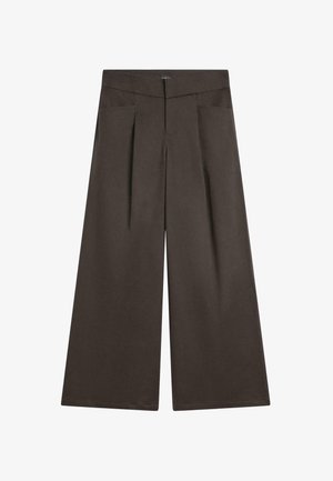Wijde broekspijpen in donkerbruin stof, met een platte voorkant, twee zijzakken en een gladde textuur met een op maat gemaakte silhouette.