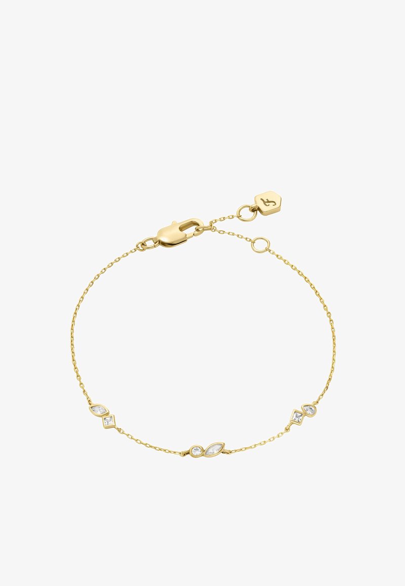 Gold chain bracelet featuring geometric clear stones with various cuts and shapes. Lobster clasp closure and adjustable length with a tag detail.