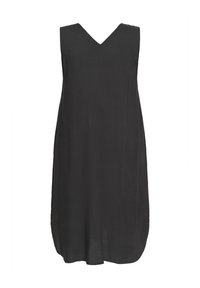 Robe noire sans manches, longueur genou, avec décolleté en V et coupe droite ample.