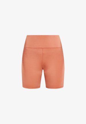 Hoog getailleerde, rekbare zalmkleurige biker shorts met zichtbare stiksels, rechte zoom en een gladde stoftextuur.