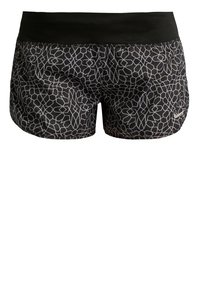 Pantalones cortos negros con un patrón geométrico gris, cintura elástica y dobladillo cosido, fabricados con una tela ligera que absorbe la humedad.