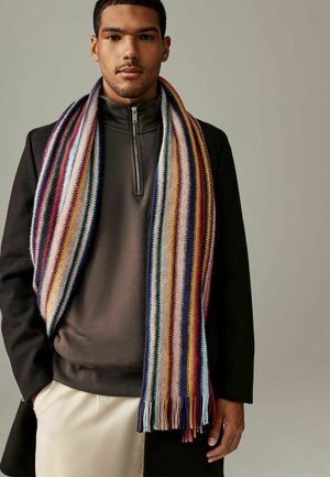 Multicolored striped scarf with fringes, made of soft fabric. Features vertical stripes in shades of red, blue, yellow, and cream.