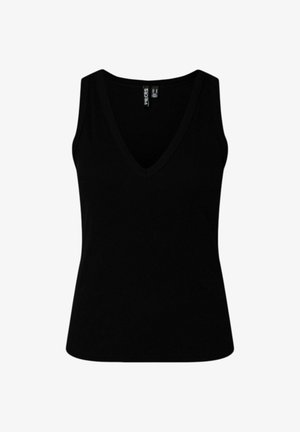 Must värvi varrukateta mänfitud tanktop V-kaelusega, soonikuga tekstuuriga ja brändi sildiga krae sees.