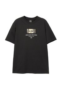 Sort oversized t-shirt lavet af bomuld, med et grafisk tryk af Mona Lisa med tekst nedenfor i hvid, rund halsudskæring, korte ærmer.
