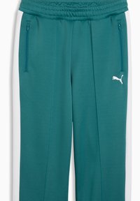 Τυρκουάζ αθλητικό παντελόνι με λευκές πλευρικές ρίγες, διαθέτει τσέπες με φερμουάρ και ελαστική μέση. Κατασκευασμένο από υφασμάτινη υφή.