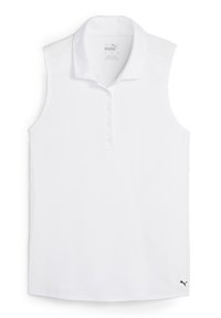 Biela bezrukávová polo košeľa vyrobená z priedušného materiálu, s klasickým golierom a zapínaním na gombíky, s malým čiernym logom ako akcentom.