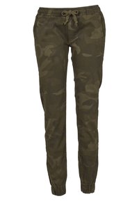 Pantalon camouflage slim vert avec taille élastique et cordon de serrage, poches latérales et bas de pantalon élastiques aux chevilles.