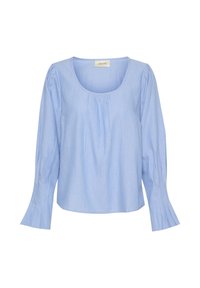 Blouse rayée bleu clair en tissu lisse, dotée d'un col en scoop, d'un détail froncé à l'avant et de longues manches avec des poignets évasés.