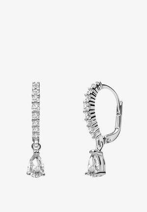 Pendientes de gota de plata con una fila de cristales redondos y claros, y un cristal en forma de pera en la parte inferior. Acabado de metal suave.