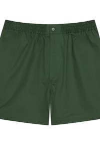 Costumi da bagno verde scuro con elastiche in vita, chiusura a bottone e design semplice. Tessuto liscio senza motivi visibili.