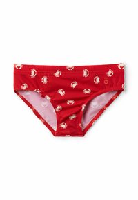 Rote Schwimmslips mit einem wiederholten weißen Krebs-Muster, ausgestattet mit einem weichen Innenfutter und einem elastischen Bund für zusätzlichen Komfort.