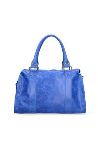 Borsa a mano in pelle sintetica blu con doppio manico, caratterizzata da dettagli in metallo dorato e una superficie texture. Design spazioso con cuciture minime.