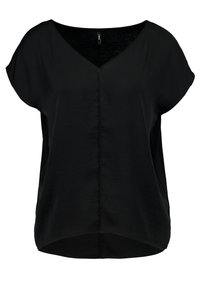 Blusa negra con escote en V, mangas cortas y corte holgado. Textura suave y dobladillo curvado, sin herrajes visibles ni patrones.