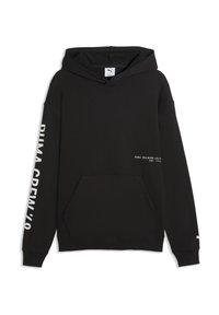 Sweat-shirt à capuche noir en mélange de coton, équipé d'une poche kangourou, de textes blancs sur la manche et d'un petit logo à l'avant.