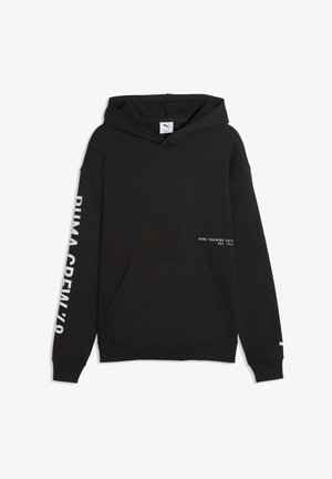 Must kapuutsiga dressipluus, valmistatud puuvillasegust, millel on kängurutasku, valge tekst varrukal ja väike logo ees.