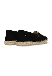 Espadrillas nere in suede con suola in corda di juta e design aperto sui lati. Presentano un piccolo dettaglio logo metallico sul tallone.
