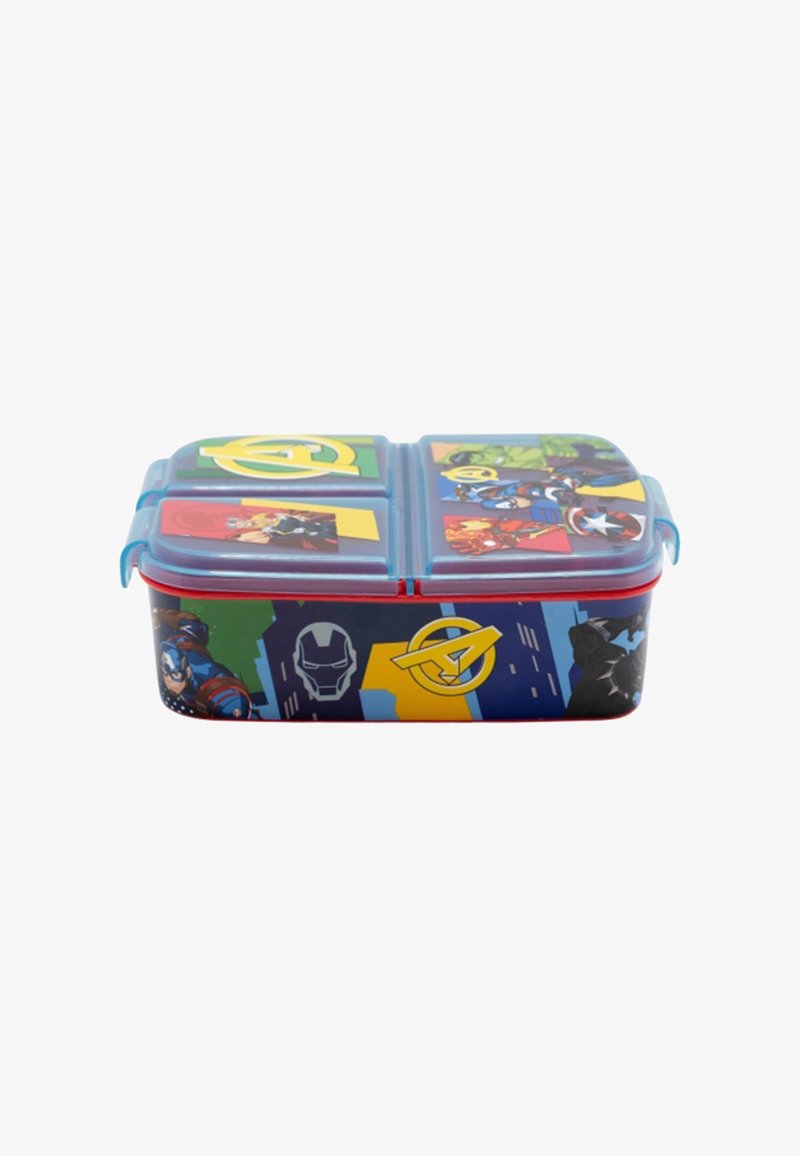 Blue lunch box with red accents, features four compartments; decorated with superhero graphics and a logo, made of durable plastic material.