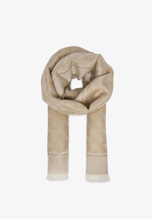 Sciarpa beige in tessuto morbido, caratterizzata da un motivo con logo in rilievo, rifinita con bordi sfrangiati per aggiungere texture e interesse visivo.