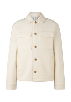 Kremowa wełniana kurtka z zapięciem na guziki z przodu, dwoma kieszeniami na klatce piersiowej, kieszeniami bocznymi oraz klasycznym kołnierzem.