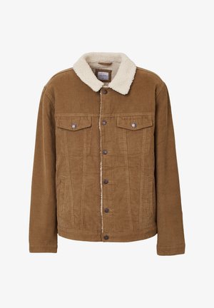 Braune Cordjacke mit einem weichen, cremefarbenen Sherlingkragen, Knopfverschluss vorne und zwei Brusttaschen mit Klappen- und Knopfdetails.