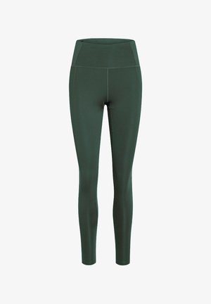 Leggings sport de damă verde închis cu talie înaltă, cusături plate și design neted, ajustat.