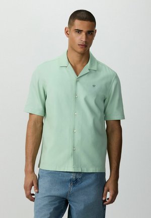 Ung mand iført en lysegrøn kortærmet skjorte med knapper og blå jeans, stående mod en ensfarvet grå baggrund.