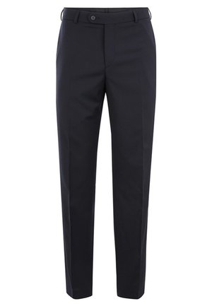 Navybroek van een gladde stof. Heeft een rechte snit, riemlussen en een knoopsluiting aan de voorkant. Schoon ontwerp zonder patronen.