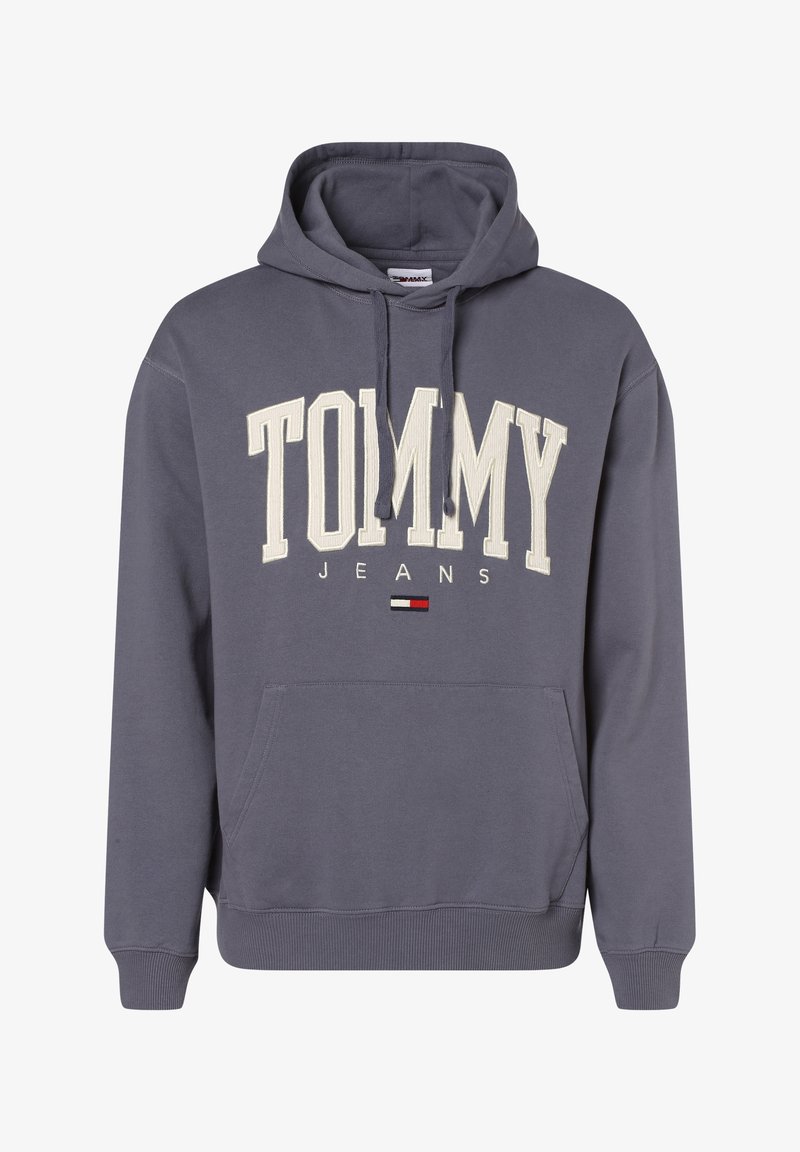 Šedá mikina s kapucí s nápisy "TOMMY" a "JEANS" v krémovém písmu, přední kapsa a žebrované manžety a lem. Materiál vypadá měkký a texturovaný.
