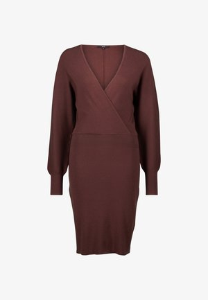 Brown ribbed knit dress with long balloon sleeves, deep V-neck wrap front, and fitted knee-length silhouette.