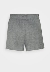Shorts de sport gris avec une taille élastique, fabriqués à partir d'un tissu texturé, présentant une coupe droite et des détails sur les coutures latérales.