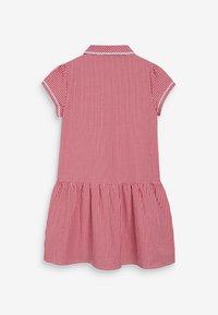 Punainen ja valkoinen ruudullinen mekko, jossa on kauluskanta ja lyhyet hihat. Väljä hame, jossa on kootut yksityiskohdat vyötäröllä. Puuvillakangasta.