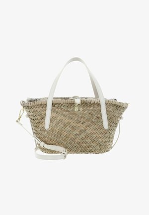 Borsa intrecciata in paglia con manici in pelle bianca, chiusura dorata e tracolla staccabile in pelle bianca.
