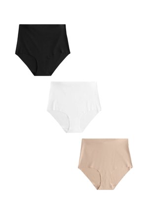 Trois sous-vêtements taille haute sans couture en noir, blanc et beige disposés verticalement sur un fond blanc.