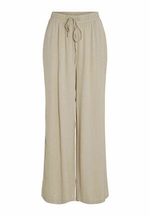 Beige wide-leg pants with an elastic waistband and adjustable drawstring. Made from soft, lightweight fabric with a smooth texture.