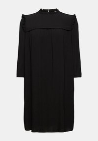Robe noire à manches longues longueur genoux avec col haut à volants et détails volantés aux épaules, coupe ample et panneau avant plissé.