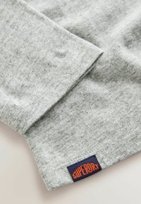 Grijze katoenen sweatshirt met een zachte textuur, opgerolde mouwen en een marineblauwe label met "Superdry" in oranje letters.