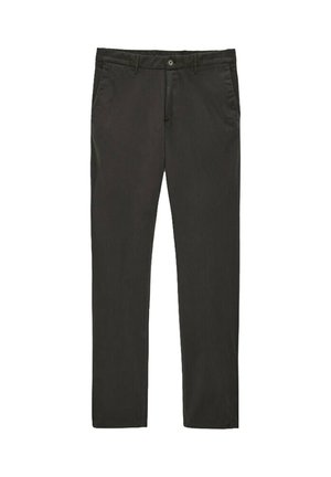 Sorte bukser med lige ben, knappelukning og lynlås, sidelommer og bæltestropper.