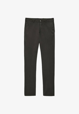 Schwarze gerade geschnittene Hose mit Knopf- und Reißverschluss, Seitentaschen und Gürtelschlaufen.