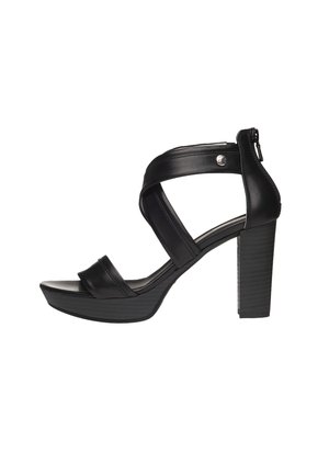 Sorte højhælede sandaler med plateau, der har lynlås, brede krydsremme og en struktureret blokhæle. Glat lædermateriale.