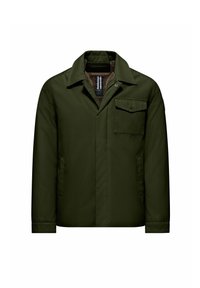 Giacca isolante verde scuro con colletto a punta, una tasca sul petto e tasche laterali. Presenta una texture liscia e chiusura con bottoni.