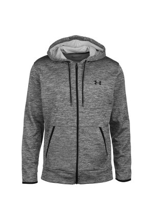 Męska szara bluza z kapturem na całym zamek, czarnymi sznurkami, bocznymi kieszeniami i logo Under Armour na lewej piersi.