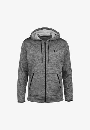 Pánská šedá mikina s kapucí na celopropínání, černými šňůrkami, postranními kapsami a logem Under Armour na levé straně hrudi.