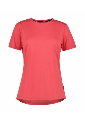 Camiseta de mujer de manga corta en coral brillante, confeccionada en material suave con un ajuste relajado, que presenta un cuello redondeado y paneles laterales transpirables.