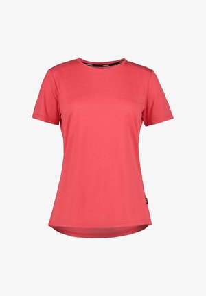 Camiseta de mujer de manga corta en coral brillante, confeccionada en material suave con un ajuste relajado, que presenta un cuello redondeado y paneles laterales transpirables.