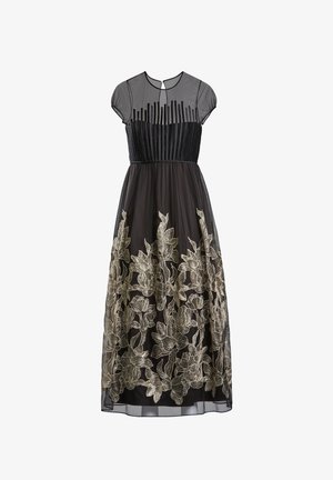 Vestido negro con un top de mangas semi-transparentes y un cuerpo plisado. La falda presenta un intrincado bordado floral dorado sobre un overlay de tul.