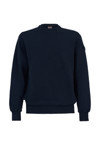 Felpa blu navale con collo rotondo, maniche lunghe, polsini e vita a coste, caratterizzata da una superficie liscia e una vestibilità comoda.