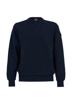 Felpa blu navale con collo rotondo, maniche lunghe, polsini e vita a coste, caratterizzata da una superficie liscia e una vestibilità comoda.